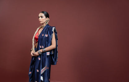 Ambuj: Deep Navy Blue Banarasi Handwoven Saree